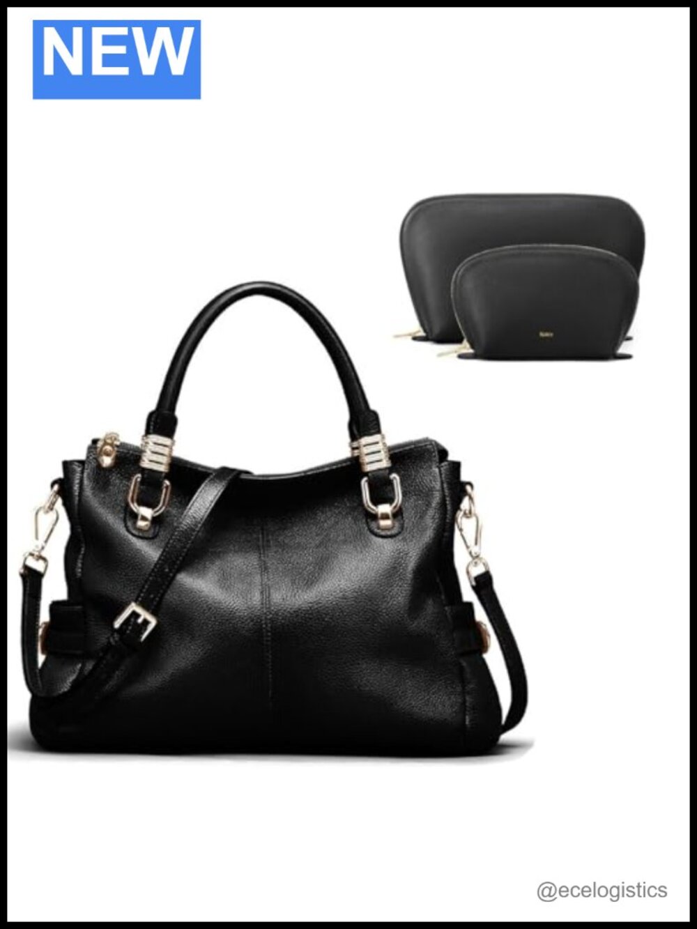 Genuine Leather Handbag Purse with Makeup Organizer Pouch